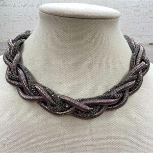 Unsigned Gray Sparkly Corded Braided Choker Necklace Black Rhinestone Necklace